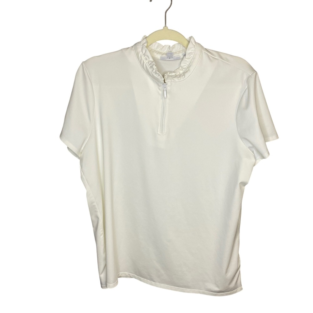 Chicos Womens White Ruffle‎ Mock Neck Quarter Zip Short Sleeve Top Size 2 Large